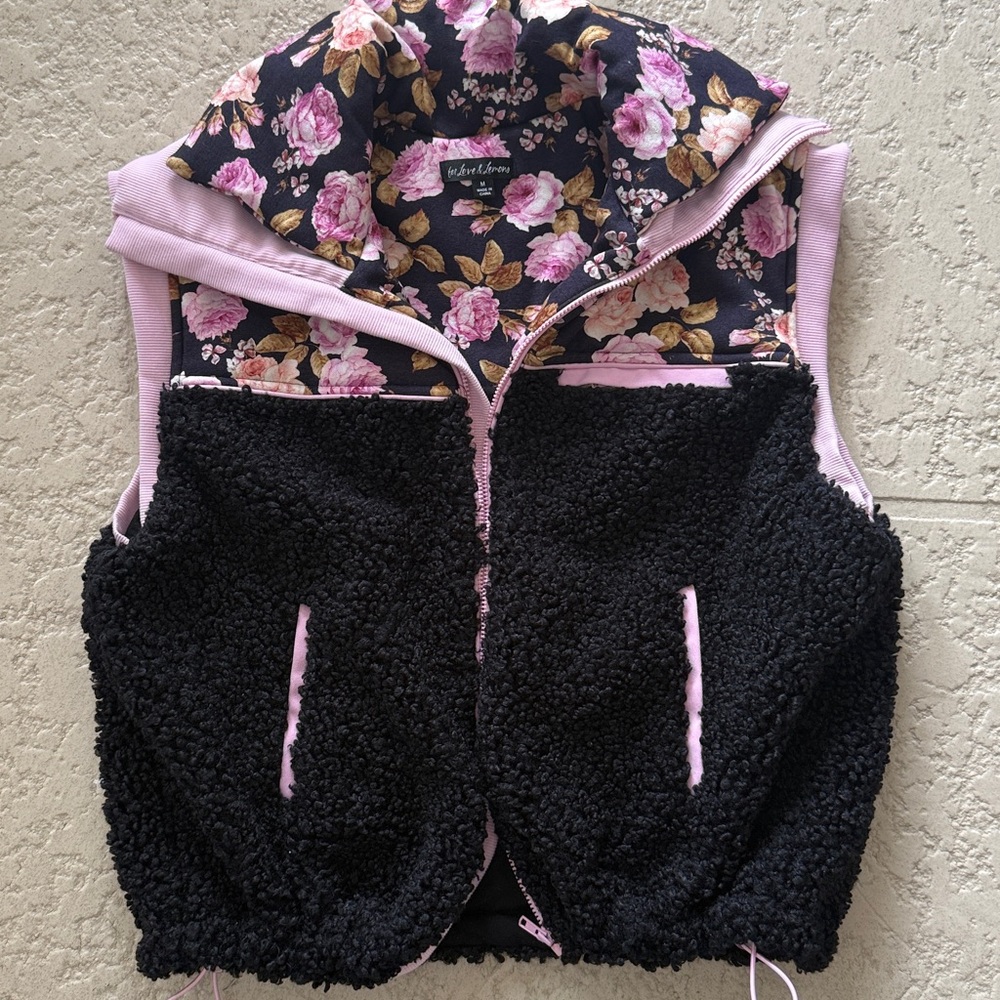 For Love And Lemons Black and Pink Faux Sherling Floral Vest
